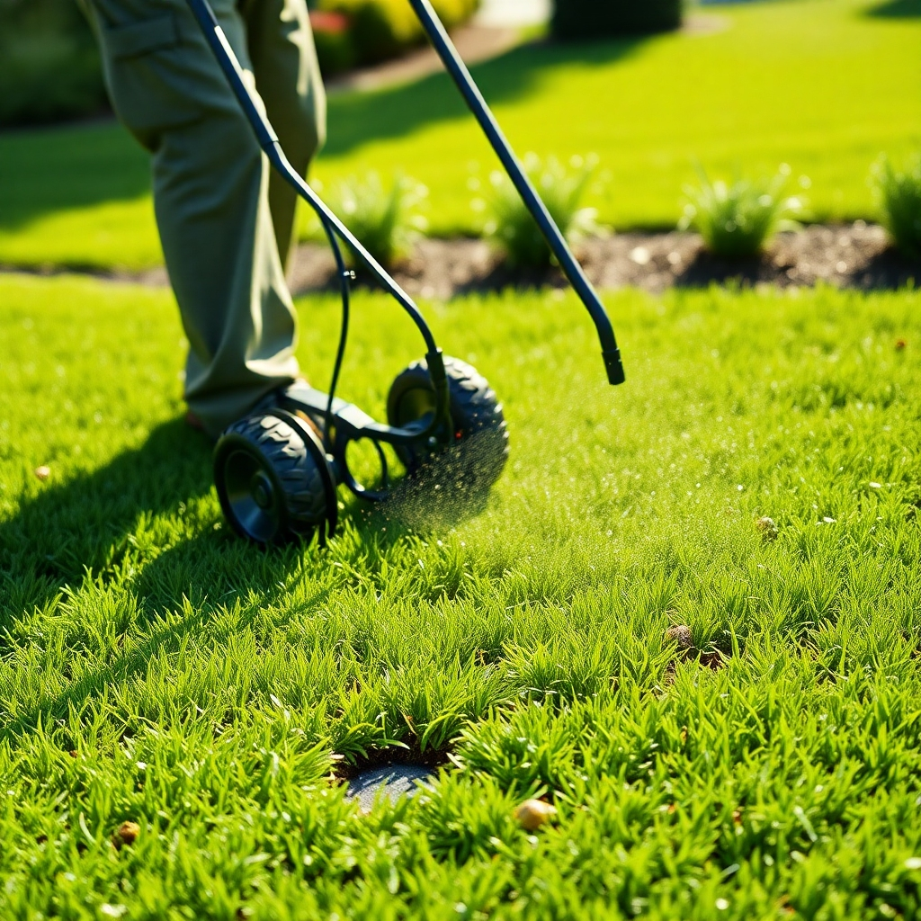 A photorealistic image, rendered in 8K resolution, showcasing a healthy lawn undergoing fertilization and aeration. The image should depict a lawn care professional using professional-grade equipment, applying fertilizer with precision. Aeration holes should be visible and evenly spaced across the lawn. The lighting is natural and bright, with slight backlighting emphasizing the depth and texture of the lawn. The camera angle should be slightly elevated, providing a wide view of the treatment area. The overall mood is one of care and improvement. The colors are vibrant and realistic, showing the rich green of the healthy grass and the subtle colors of the fertilizer granules.  The textures of the lawn, soil, and equipment should be realistically detailed. Include details like slightly moist soil and the texture of the fertilizer granules. The background is slightly out of focus, but should hint at a neat surrounding landscape. The style should evoke a feeling of professionalism and efficiency, similar to promotional material for high-end lawn care services.