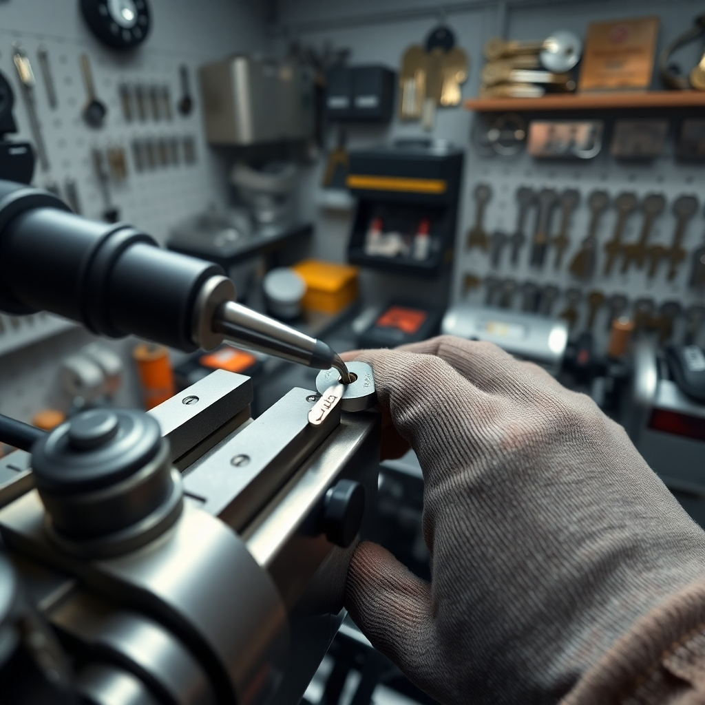 A photorealistic image, rendered in 8K resolution, depicting a close-up view of a locksmith's hands expertly operating a high-precision key cutting machine. The lighting is soft and even, ensuring all details are clearly visible. The color palette is clean and sharp, highlighting the metallic surfaces of the machine and the shiny new keys. The camera angle is slightly overhead, directly focusing on the action. Textures are crucial; the smooth, cool metal of the machine, the sharp edges of the key blank, the subtle grain on the locksmith's work gloves.  The background features a well-organized locksmith shop, showcasing various types of keys and tools. The overall mood is calm and professional, reflecting expertise and precision. The style is similar to a high-end product advertisement, emphasizing the detail and quality of the process. The image should evoke a sense of trust, accuracy, and professionalism.