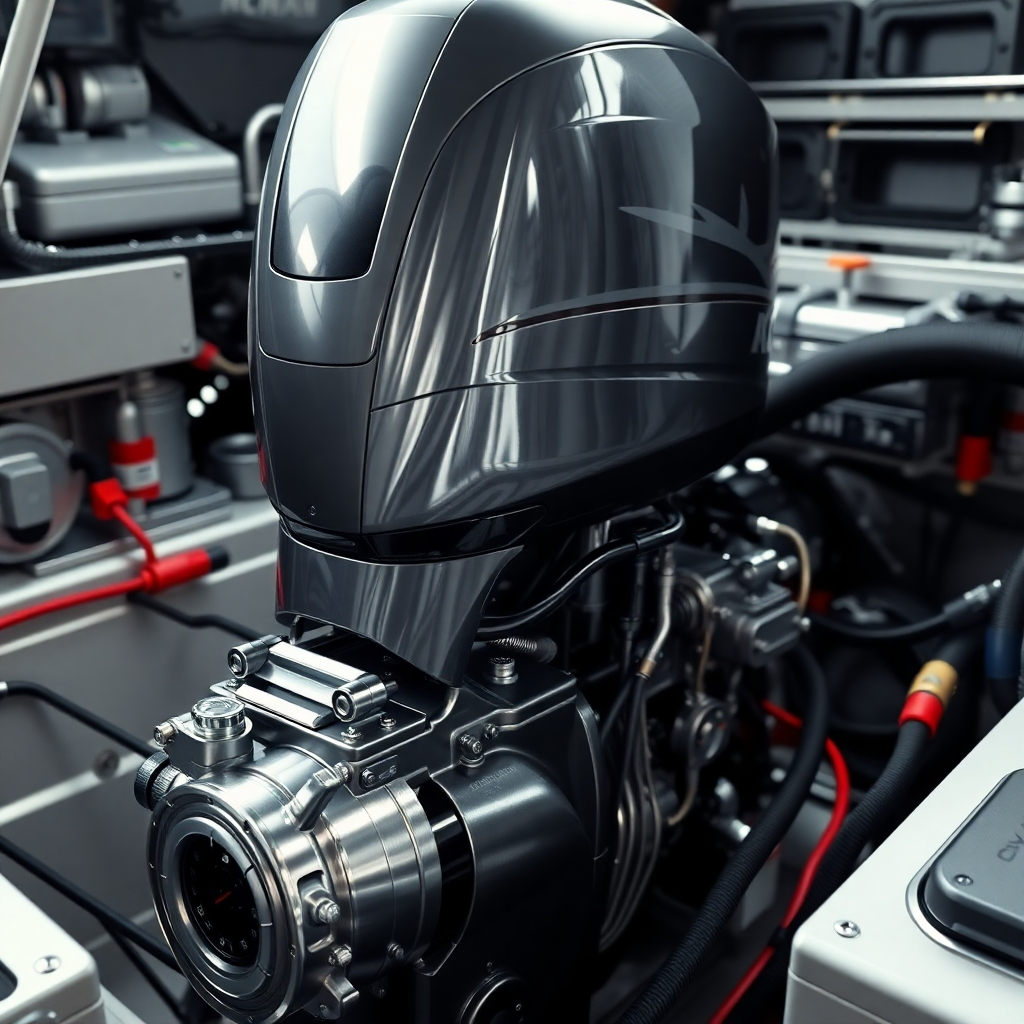 A photorealistic image, rendered in 8K resolution, focuses on a meticulously detailed boat engine.  The engine is a powerful, modern outboard motor, shining brightly after a thorough cleaning.  The image is lit with bright, even lighting, revealing every detail – the gleam of polished metal, the clean lines of the engine components, and the rich black of the rubber hoses. The composition is from a slightly elevated angle, allowing the viewer to see the entire engine and its components clearly. The colors are rich and vibrant, with metallic accents shining brightly against the dark background. The textures are highly realistic, with noticeable depth and reflectivity.  The engine sits in a clean and organized engine compartment, adding to the overall impression of care and precision. The background is slightly blurred to keep the focus on the engine. The style is reminiscent of industrial photography, emphasizing precision and the quality of the work. The mood is one of professionalism and expertise, highlighting the thoroughness of the engine detailing.  The image should be ultra-detailed and hyperrealistic, conveying a sense of power, cleanliness, and precision.