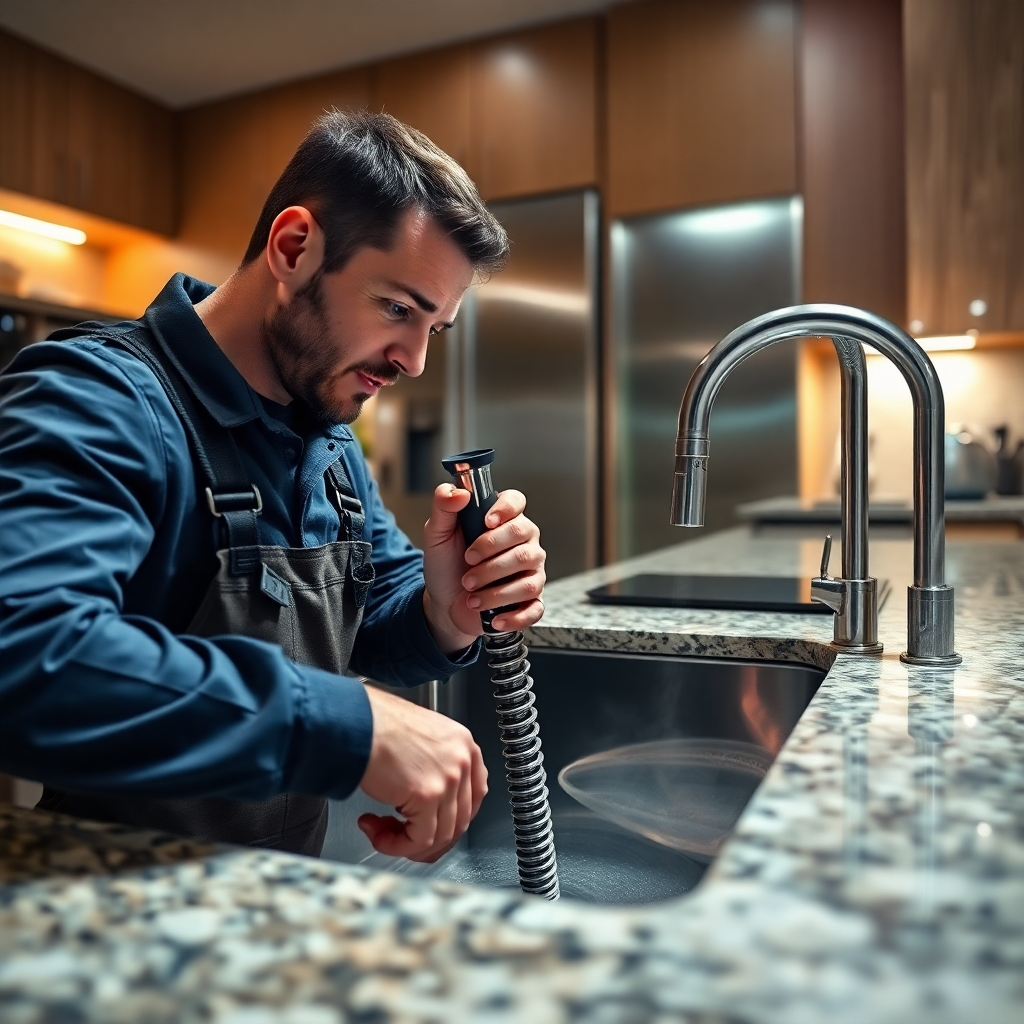 A photorealistic image, rendered in 8k resolution, showcasing a plumber using a high-tech drain cleaning auger to clear a severely clogged drain in a modern kitchen sink. The lighting is dramatic, with a focused beam highlighting the plumber's focused expression and the action of the auger, while the surrounding kitchen is bathed in soft, ambient light. The color palette should be vibrant yet realistic, featuring stainless steel accents, cool-toned granite countertops, and warm-toned wooden cabinets. The perspective is from a slightly elevated angle, offering a clear view of the entire operation. The textures should be hyperrealistic, displaying the gleaming chrome of the auger, the rough texture of the drain pipe, and the smooth surface of the sink. The background includes sleek modern kitchen appliances, adding to the overall high-end aesthetic.  The style should be reminiscent of an editorial spread in a home improvement magazine, clean, crisp, and technically perfect. The image should have a sense of urgency and excitement, conveying the efficiency and effectiveness of the drain cleaning service. The overall effect should be a hyperrealistic portrayal of the plumbing service, emphasizing quality and speed.
