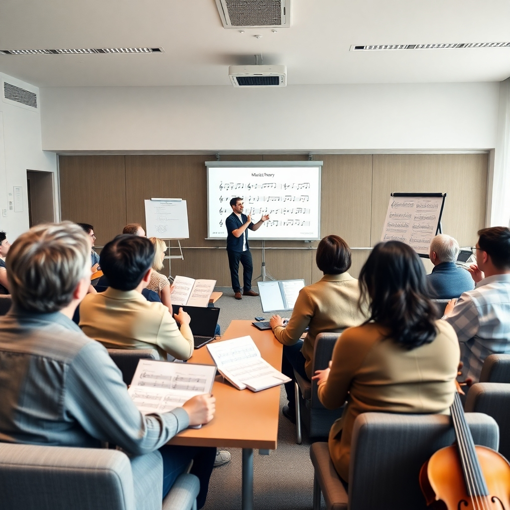 A photorealistic image, rendered in 8K resolution, depicting an engaging music theory workshop. The scene is set in a modern, well-lit classroom with soft, diffused lighting creating a calm and focused atmosphere.  The color palette is sophisticated and neutral, primarily featuring shades of grey, beige, and navy blue with pops of vibrant color from charts and diagrams.  The composition shows a diverse group of adults attentively participating in a workshop led by an enthusiastic instructor. The instructor is using a whiteboard, a projector showing musical notations, and hand gestures to explain complex concepts. The camera angle is slightly elevated, offering a comprehensive view of the classroom and the participants. The textures are high-quality: smooth surfaces of whiteboards, the fine lines of musical scores, the rough textures of notebooks. The environment contains comfortable seating arrangements, laptops, and musical instruments displayed as examples. The style emulates the clean lines and bright clarity of architectural photography.  The overall mood is intellectually stimulating and collaborative.  A focus on clear visual representation of the discussed musical theories is essential. The image should convey an atmosphere of active learning and engagement, highlighting the details of the interactive educational process.