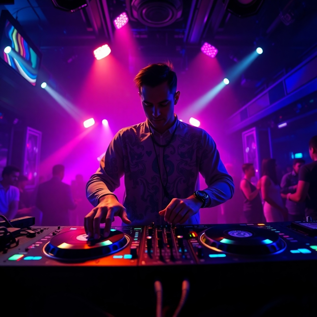 A photorealistic image rendered in 8K resolution, portraying a DJ performing a live-streamed set in a stylish, modern club. The scene is bathed in dramatic side lighting, casting deep shadows and accentuating the dynamic energy of the performance. The color palette consists of deep blues, vibrant purples, and neon accents, reflecting the nightclub atmosphere. The DJ is centrally positioned, with the camera angle capturing them from a low perspective, looking up at them with their turntables and mixing equipment prominently displayed. The club's background is blurred softly, creating a shallow depth of field. The image emphasizes textures, displaying the reflective surfaces of the mixing equipment and the intricate designs on the DJ's attire.  The DJ wears modern clothing. Streaming indicators and lighting effects suggest a live broadcast in progress, possibly with chat overlays subtly integrated into the background.  The image's mood is vibrant, energetic, and high-tech, emphasizing the professionalism and excitement of live music streaming. The style is inspired by the work of contemporary photographers who specialize in capturing the energy of live music performances, striving for a hyperrealistic render that captures the ambiance and texture details with cinematic flair.