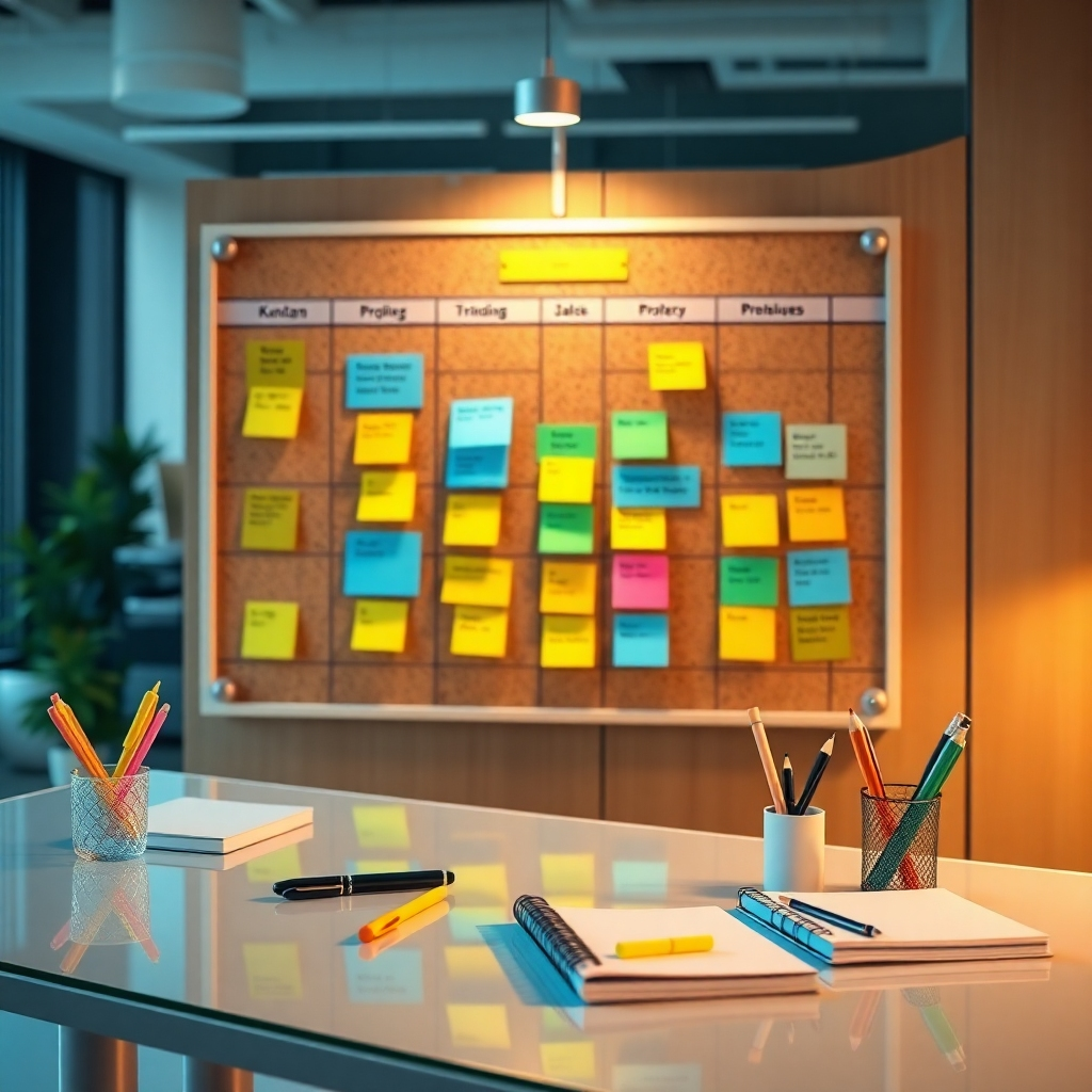A photorealistic image rendered in 8K resolution, featuring a virtual assistant's workspace bathed in soft, diffused lighting. The scene is dominated by a large, visually appealing Kanban board displaying various tasks and projects organized into different stages using colorful sticky notes.  The color palette should be vibrant and optimistic, using bright blues, greens, and yellows.   The board is mounted on a stylish, textured cork wall.  A variety of office supplies—pens, pencils, highlighters, and a notebook—are artfully arranged on the desk, which features a sleek, minimalist design with a glass top. The background is slightly blurred, but shows a well-organized, modern office environment. The camera angle is a high-angle shot, looking directly down onto the Kanban board.  The overall mood should be energetic, organized, and positive.  The style should mimic the work of a professional product photographer. Textures should be highly realistic, portraying the fine details of the sticky notes, the texture of the cork wall, and the glass surface of the desk.  The image should convey the feeling of efficiency and positive productivity.