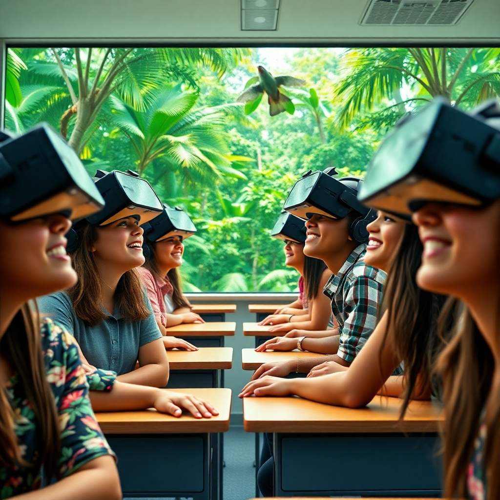 A photorealistic image rendered in 8K resolution depicting a classroom of diverse students wearing VR headsets, completely immersed in a virtual field trip to the Amazon rainforest. The lighting within the VR environment should be bright, natural sunlight filtering through the canopy. The color palette should be lush and vibrant, showcasing the deep greens of the rainforest, the bright blues of the sky, and the diverse colors of the wildlife. The perspective is from a slightly elevated angle, showing the students and their reactions within the VR experience. The textures are highly detailed, showing the intricate details of the rainforest environment, the realistic feel of the VR headsets, and the expressions of wonder and excitement on the students’ faces. The background within the VR experience should include a wide range of rainforest flora and fauna, created with meticulous attention to detail, including realistic textures and behaviors. The actual classroom should be a modern, brightly lit space with minimal distractions. The style should be photorealistic, similar to the work of National Geographic photographers. The image should evoke a sense of wonder, adventure, and educational discovery. The overall mood should be one of excitement and engagement.