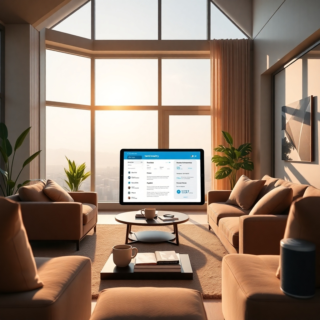 A photorealistic image rendered in 8K resolution, depicting a sun-drenched, modern living room with large windows overlooking a cityscape. Soft, natural lighting creates a warm and inviting atmosphere.  The focal point is a tablet displaying a user-friendly interface for a decentralized insurance policy.  The color palette is warm and inviting, utilizing earth tones and subtle pops of blue.  The camera angle is from a slightly elevated position, offering a clear view of the tablet and the surrounding environment. Textures include soft fabrics, polished wood, and sleek glass. Environmental elements include comfortable furniture, plants, and natural light.  Props include a coffee cup, books, and a stylish smart speaker.  The style is inspired by the work of Peter Lindbergh, emphasizing a sense of comfort, security, and trust. The image should highlight the ease of use and transparency of the decentralized insurance platform.  Hyperrealistic rendering with ultra-detailed textures is crucial.