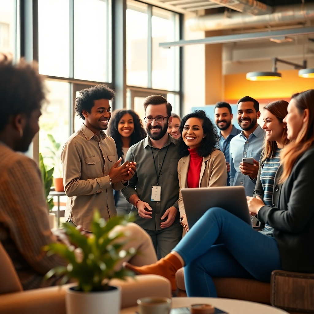A photorealistic image rendered in 8K resolution, depicting a welcoming and modern office space where a new employee is being welcomed by their team.  The scene is captured from a medium shot, showing a group of diverse employees surrounding the new hire, who is smiling and engaged in conversation.  The lighting is warm and inviting, with soft, diffused light filtering in from large windows, creating a positive and inclusive environment. The color palette is rich and varied, incorporating earthy tones, accent colors and warm lighting creating a welcoming ambiance.  The texture of materials is hyperrealistic, emphasizing the subtle textures of fabrics, wood, and metal.  Details include plants, comfortable seating, and subtle branding elements that reflect the company's culture.  The composition should be dynamic, with subtle movements suggesting a natural and comfortable interaction.  The style is reminiscent of contemporary corporate photography by Steve McCurry, emphasizing authentic human connection and vibrant workplace culture.  Props include company-branded items, laptops, and personal items to showcase authenticity.  The background is a modern, open-plan office with collaborative workspaces and natural light. The environmental details should contribute to a positive and inclusive vibe; images show collaborative spaces, common areas, and a welcoming atmosphere, demonstrating the new hire's integration into the company culture.  The overall mood is welcoming, friendly, and encouraging, reflecting the seamless transition of onboarding and integration