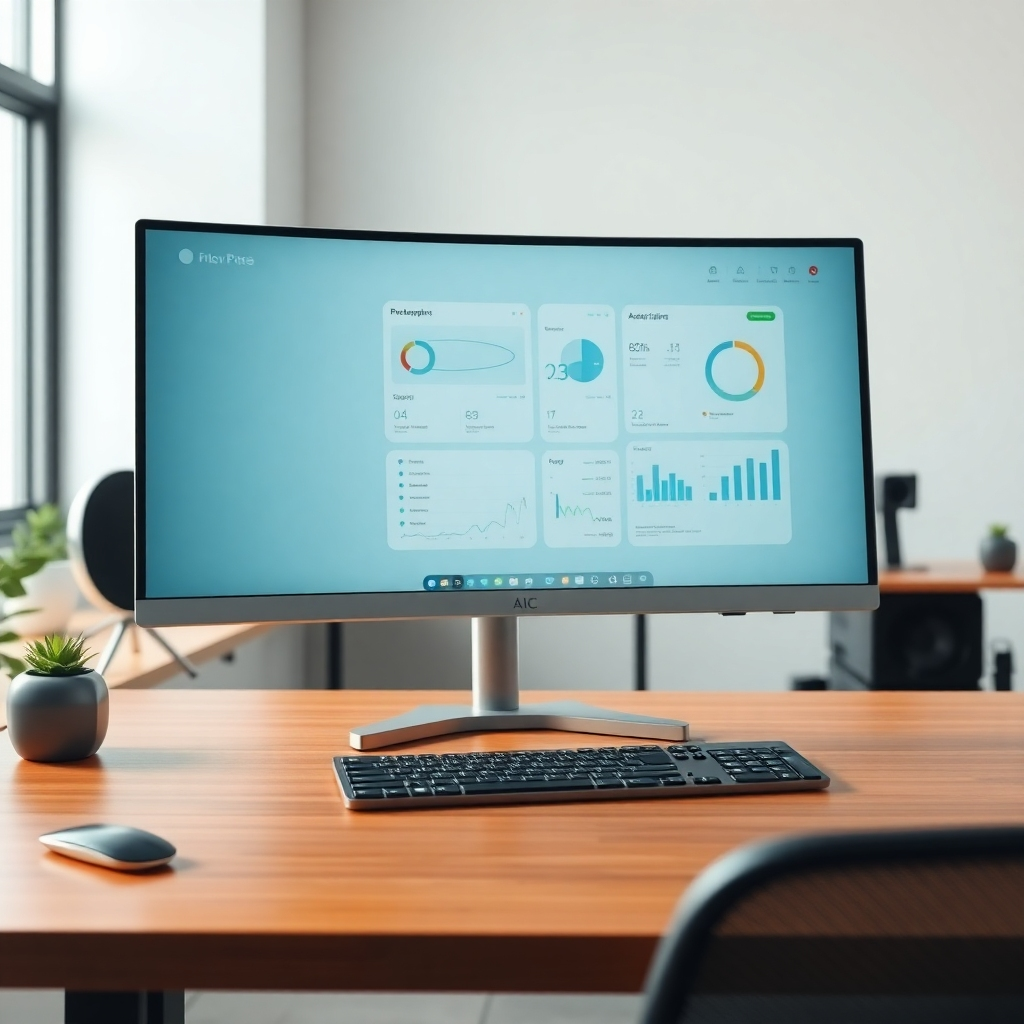 A photorealistic image rendered in 8K resolution showing a clean, modern web application interface on a large, curved monitor in a contemporary office setting. Soft, diffused lighting creates a calming atmosphere. The color palette consists of calming blues, greens, and grays, projecting a mood of serenity and efficiency. The camera angle is slightly elevated, providing a clear view of the application's key features.  The monitor displays various interactive elements – buttons, charts, data visualizations – all rendered with extreme detail and realism. The textures are important here; consider the subtle reflections on the sleek monitor surface, the slight grain of the wood desk, and the smooth texture of the keyboard. The background features other tech accessories, subtly blurred, to suggest a professional and productive workspace. The overall style should evoke the clean aesthetics of minimalist design, inspired by the work of renowned product photographers. The image should be hyperrealistic, emphasizing the ultra-detailed textures and materials.