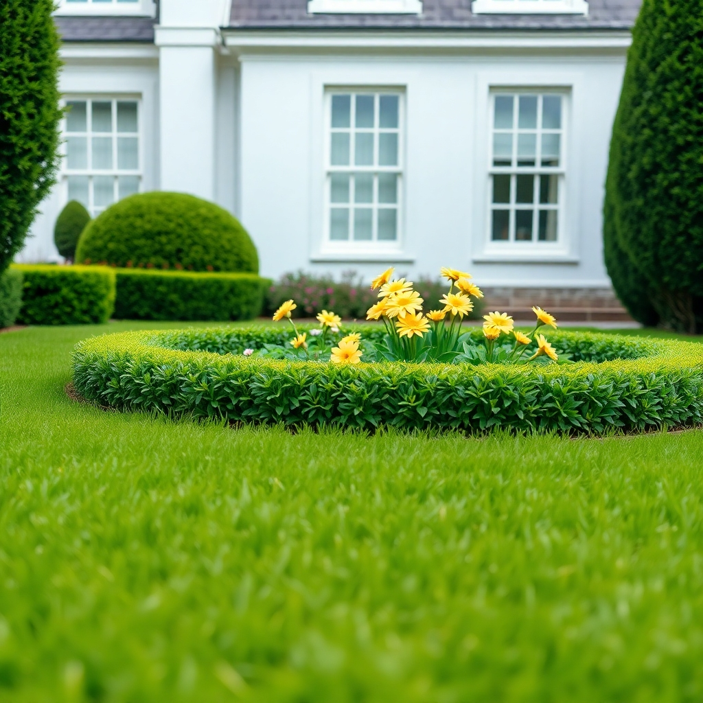 A photorealistic image, shot in ultra-high definition (8K), showing a meticulously maintained garden. The composition focuses on a well-manicured lawn with neatly trimmed hedges forming a border around a flowerbed. The light is soft and even, giving a sense of peace and tranquility.  The color palette is comprised of fresh greens, bright blues, and soft yellows. The camera angle is slightly low, emphasizing the beauty of the manicured plants. The textures of the cut grass, the smooth surfaces of the hedges, and the slightly rough textures of the flower petals are evident.  Fine details, like individual blades of grass and the intricate structure of flowers are all sharply defined.  The background includes a stately home with white walls, subtly visible, setting the scene. The style should mimic the clean and crisp style of contemporary garden photography.  The overall mood is serene and sophisticated, reflecting professional and high-quality garden maintenance.  The image should be rendered with incredible detail, making it look like a professional photograph taken by a top-tier gardening magazine.