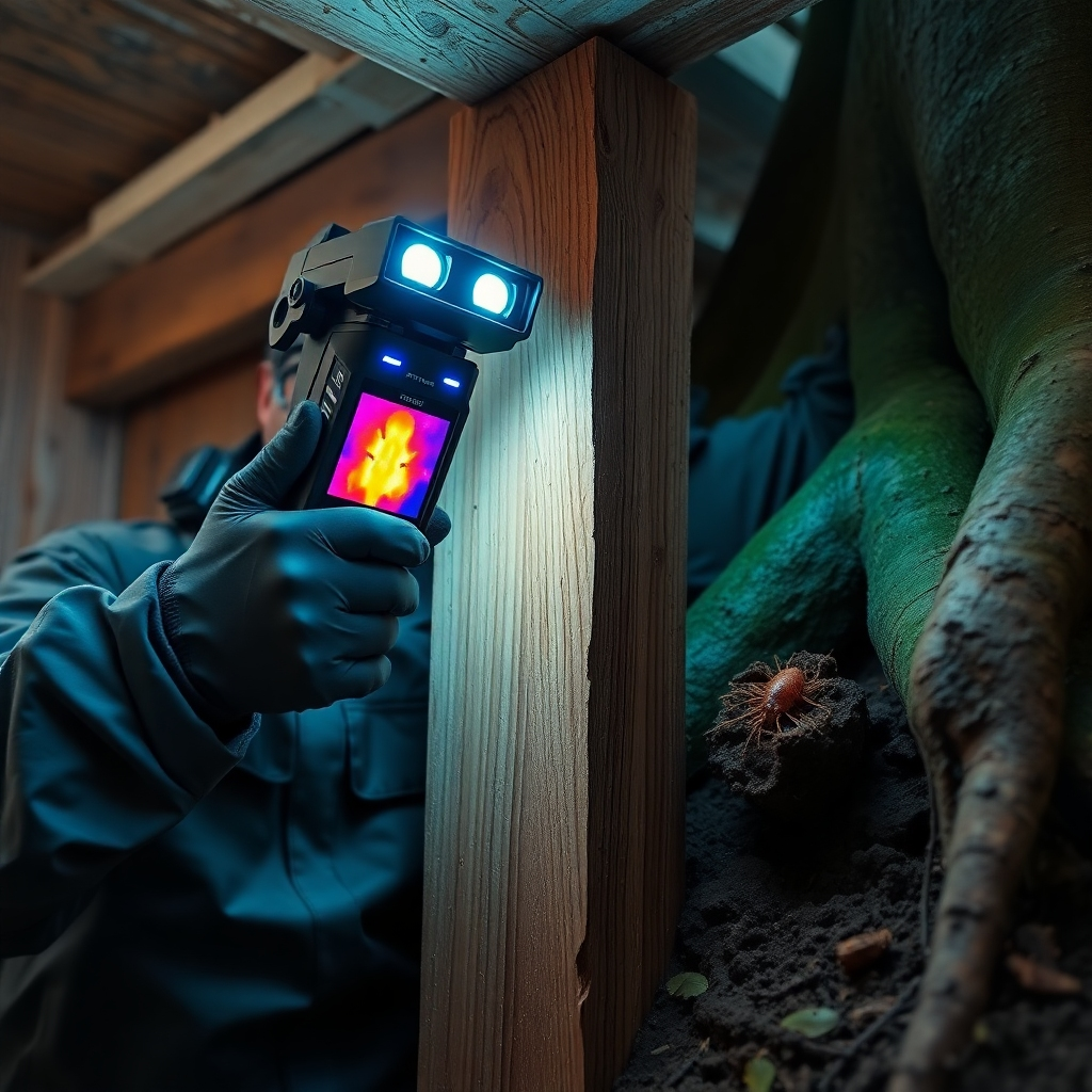 A photorealistic image, shot in 8K resolution with hyperrealistic detail, inspired by the style of renowned nature photographer, Frans Lanting. The image depicts a close-up view of a pest control technician using advanced technology (e.g., thermal imaging camera) to inspect a wooden support beam in a home's foundation. Soft, diffused lighting illuminates the scene. The color palette features rich browns of the wood, contrasting with the cool blue and grey tones of the technician's uniform and technology. The camera angle is a close-up, emphasizing the intricate detail of the wood and the technology used. Textures include the coarse grain of the weathered wood, the smooth surfaces of the technological device, and the subtle texture of the technician's uniform. The background includes a partially visible, sturdy home foundation, and perhaps the roots of a large tree encroaching. Environmental elements include a damp, partially underground environment. The mood is serious, emphasizing the importance of thorough inspection and treatment. Props include the advanced inspection technology, protective gear, and possibly a sample of damaged wood showing termite activity.