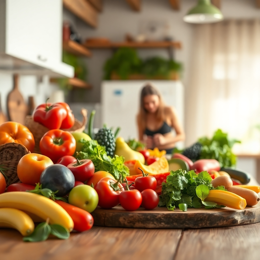 A photorealistic image, shot in cinematic style with shallow depth of field, focusing on a vibrant spread of fresh, healthy food artfully arranged on a rustic wooden table.  The setting is a bright, airy kitchen with soft, warm lighting.  The color palette is rich and inviting, with emphasis on bright, fresh produce.  The camera angle is slightly elevated, showing the food from an appealing perspective.  Textures are highly detailed: the smooth skin of fruits, the rough texture of the wooden table, the crispness of vegetables.   In the background, there’s a softly blurred image of a fit woman happily preparing the meal, adding a sense of personal touch.  The overall composition creates a sense of abundance and healthy living.  The image is styled in the manner of a professional food magazine photoshoot and should have 8K resolution and hyperrealistic details.