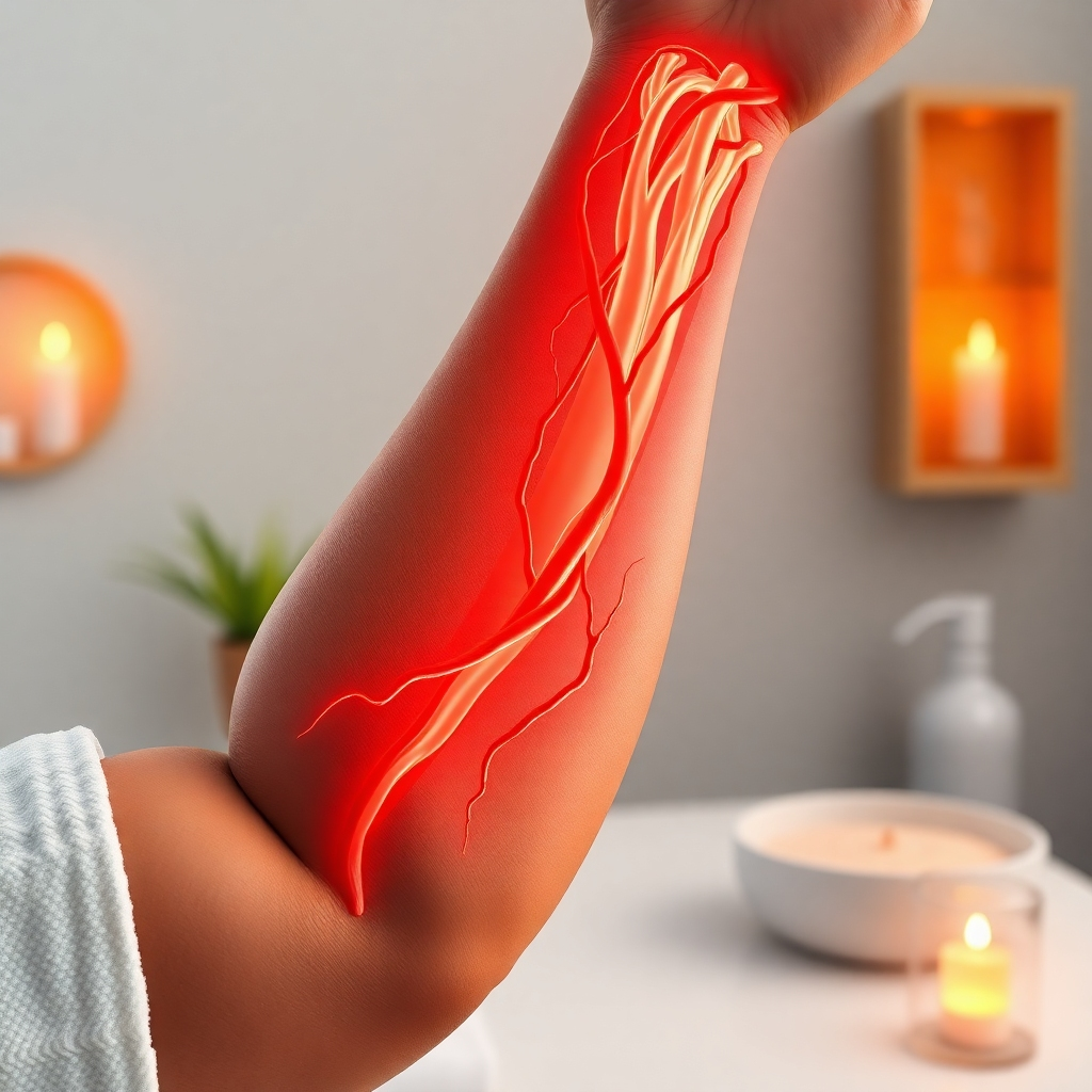 A photorealistic image showcasing the improved blood flow in a human arm after a massage.  A cutaway view, demonstrating healthy blood vessels expanding. The arm should be well-lit, with veins and arteries clearly visible, indicating increased circulation.  Surrounding the arm should be elements of spa environment to create context.  High resolution, 8k quality, detailed textures, medical accuracy