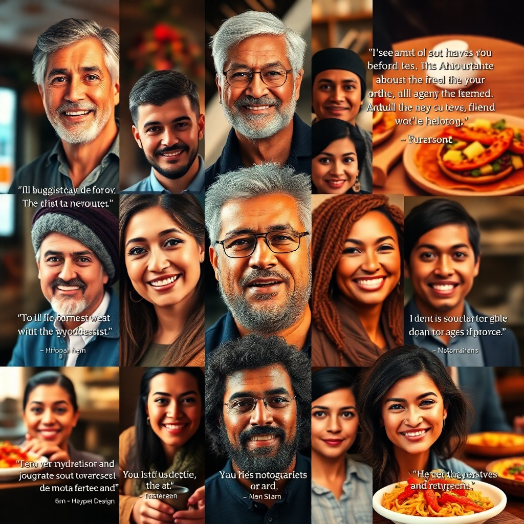 A photorealistic image showcasing a montage of diverse customer photos with short, positive quotes about the restaurant overlaid. The background should feature subtle, high-quality images of the restaurant's food and ambiance. Ensure a diverse representation of age, gender, and ethnicity. High-resolution, vibrant colors, clean design.