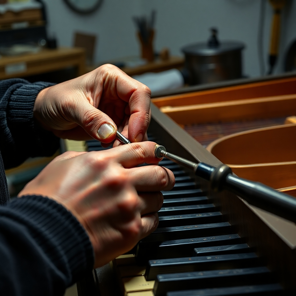 A photorealistic image showcasing the meticulous process of hammer voicing. A technician's hands are shown carefully shaping and filing a piano hammer with specialized tools.  The image should emphasize the precision and artistry involved, with high-quality lighting and detailed texture of the hammer and tools. The background should be a clean, well-lit workshop.
