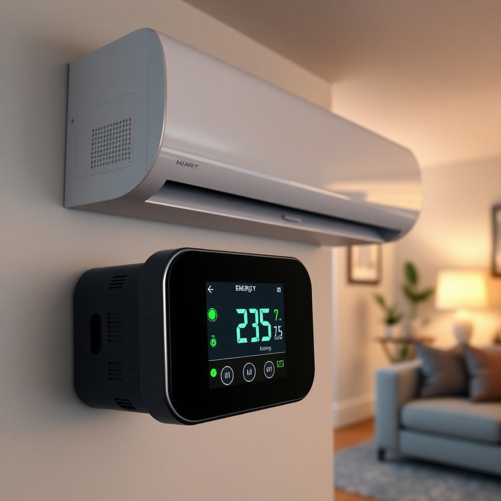A photorealistic image showcasing a split HVAC system with smart thermostat, clearly showing energy consumption data on a digital display.  The background should be a modern, energy-efficient home interior. Highlighting the system's efficiency with visual cues, such as glowing green lights or a digital meter showing low energy usage.