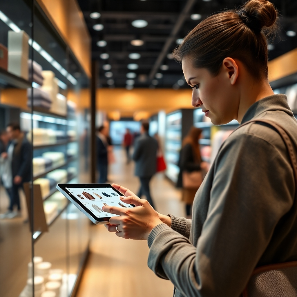 A photorealistic image showcasing a customer using a tablet in a stylish retail store to browse products and check stock availability, seamlessly integrated with the store's inventory system. The background shows other customers browsing physical products, indicating a balanced omnichannel experience. The app interface should be intuitive and user-friendly with high-quality product images.