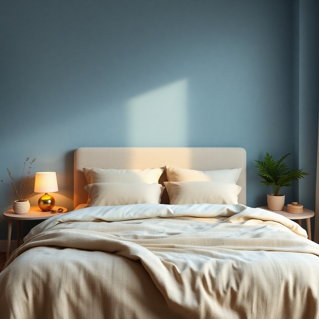 A photorealistic image showcasing a calming bedroom.  The walls are painted a soft, serene blue; the bedding is made of luxurious, textured linen in calming earth tones.  Soft, warm lighting from bedside lamps creates a cozy atmosphere.  Natural elements, like a potted plant and woven textures, are incorporated to enhance a sense of tranquility and well-being. The image should convey a feeling of peace and relaxation.