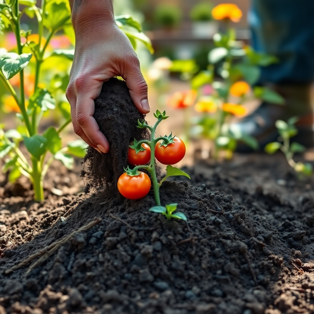 A photorealistic image showcasing a gardener adding compost to healthy soil around a thriving vegetable plant. The compost should be dark and rich, contrasting with the lighter soil. The vegetable plant (e.g., tomato plant with visible fruits) should be vibrant and healthy. The scene should be set in a sunny garden with other healthy plants and flowers in the slightly blurred background. The image should depict a mix of textures, highlighting the dark, fertile compost, the light soil, and the green leaves.  The gardener's hands should be visible, subtly emphasizing the manual work involved. The overall scene should be inviting and encourage the viewer to engage with the idea of soil enrichment.