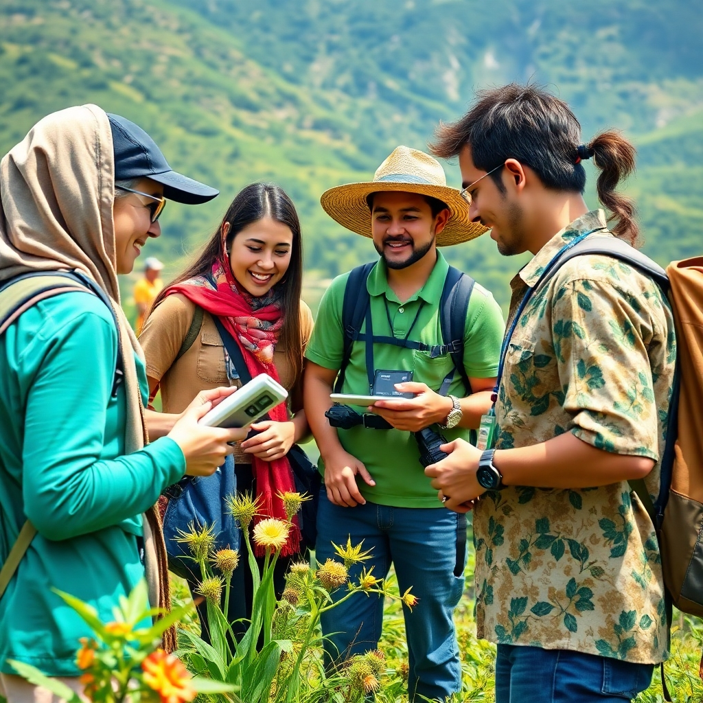 A photorealistic image showcasing a sustainable tourism initiative.  It could be a group of tourists volunteering in a nature conservation project, or perhaps a tour guide explaining the ecological importance of a local ecosystem to a small group of travelers. The image must evoke a sense of responsibility and environmental awareness.  Use vibrant colors and high resolution to create a visually impactful image. Emphasize the natural beauty of the location and the positive impact of sustainable practices.