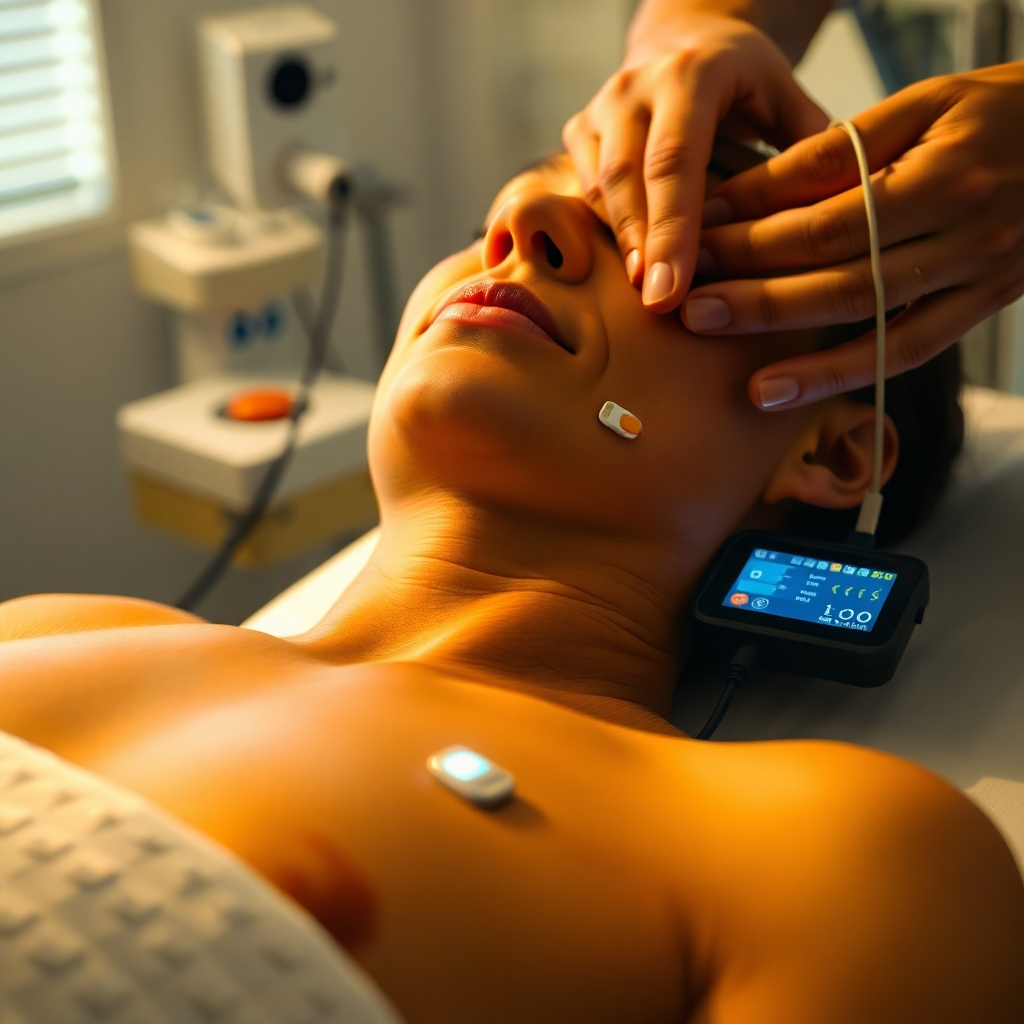 A photorealistic image showcasing a patient receiving electrotherapy treatment.  Clearly show the electrodes placed on the patient's skin and the device generating the electrical current.  The image should convey a feeling of comfort and professionalism. High resolution, detailed close-up of the treatment area, well-lit clinical environment.