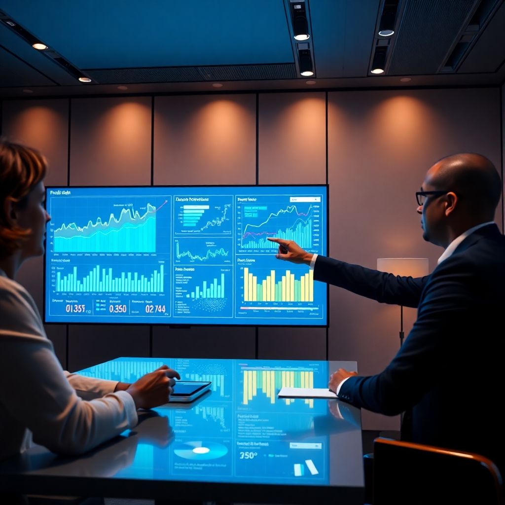 A photorealistic image showcasing a large screen displaying dynamic charts and graphs representing complex business data.  A consultant is pointing to key insights on the screen while explaining them to a client. The scene should be set in a sleek, modern conference room with subtle ambient lighting, creating a professional and technologically advanced atmosphere.
