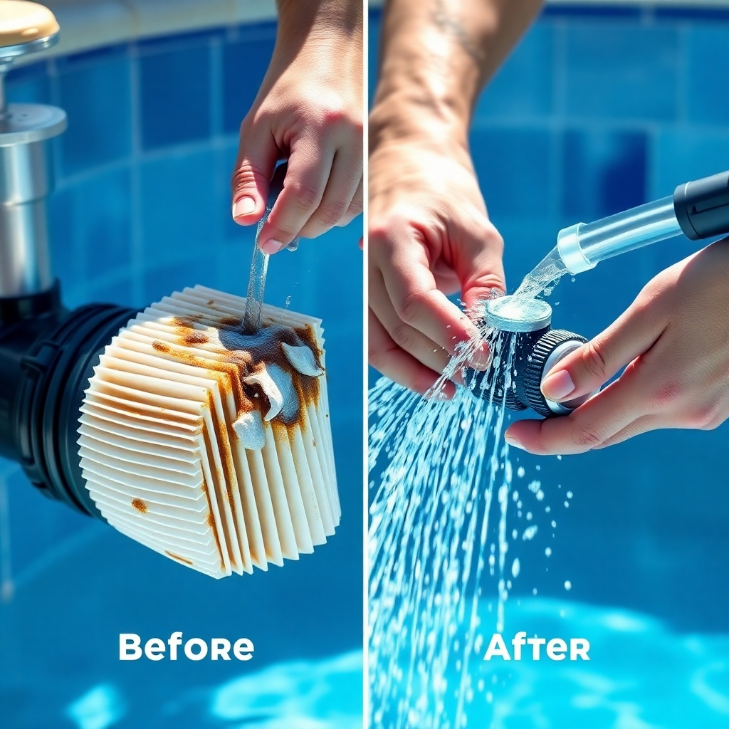 A photorealistic image showcasing the process of cleaning a pool filter.  The image should feature a person carefully removing a dirty filter cartridge from a pool filter system, and then cleaning it thoroughly with a high-pressure water hose. The cleaned filter cartridge should be shown being reinstalled. The image should be bright, clean and show the before and after condition of the filter.