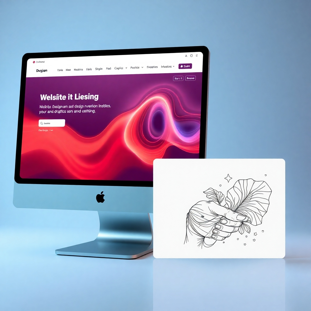 A photorealistic image showcasing three distinct design niches:  a clean, minimalist website design (UX/UI), a dynamic motion graphic animation playing on a screen, and a detailed, intricate hand-drawn illustration. Each should be visually striking and representative of its respective field.
