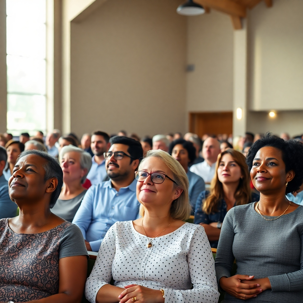 A photorealistic image showcasing a diverse group of people of different ages and ethnicities sitting in a modern, brightly lit church sanctuary during a service. The architecture should be contemporary with large windows letting in natural light.  The focus should be on the diverse congregation, capturing expressions of peace, contemplation, and joy.  High resolution, detailed textures, cinematic lighting