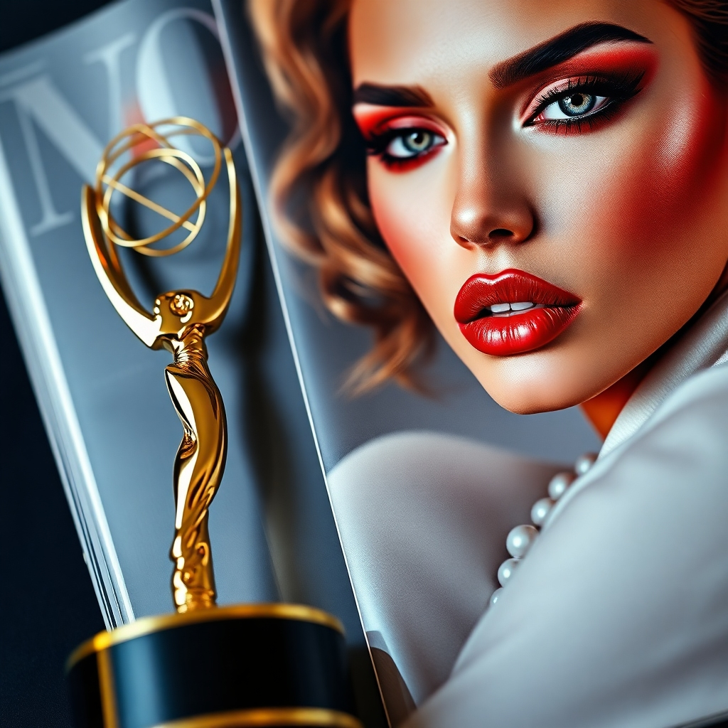 A photorealistic image showcasing a close-up of an award, perhaps an Emmy or similar, next to a high-fashion magazine spread featuring a model with stunning makeup. The magazine should show the artist's name prominently, creating a sense of prestige and recognition. Focus on the details of both the award and the model’s makeup.