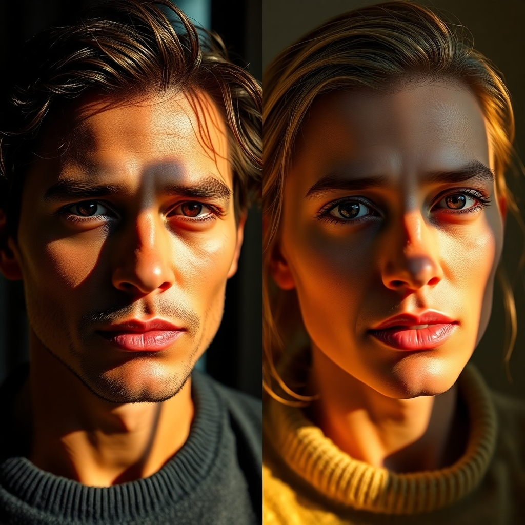 A photorealistic image showcasing the dramatic difference between two portraits of the same person; one bathed in harsh midday sunlight, showing strong shadows and less detail; the other illuminated by the soft, golden light of the late afternoon, enhancing the subject's features and creating a warm, inviting mood. Both images are in high resolution, showcasing detailed skin tones and textures.