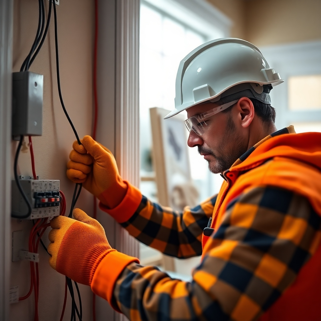 A photorealistic image showcasing an electrician meticulously working on electrical wiring in a residential home.  The electrician should be wearing safety gear, including hard hat, safety glasses, and insulated gloves. The image should emphasize the neatness, care, and precision of their work, highlighting adherence to safety protocols, with a visibly clean and organized workspace. High resolution, detailed, sharp focus on the electrician's meticulous work and the safety gear.