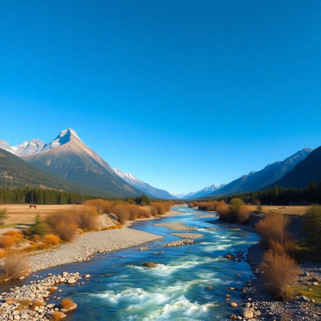 A photorealistic image showcasing the rule of thirds in photography.  The image shows a landscape with a prominent mountain in the left third, a flowing river in the middle third, and a clear blue sky in the right third.  The image is sharp, vibrant, and uses natural colors. High detail, cinematic lighting, 8k resolution