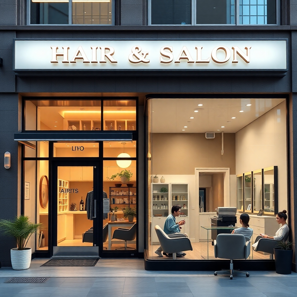 A photorealistic image showcasing both the exterior and interior of a modern, upscale hair salon. The exterior shows an inviting storefront in a convenient location, while the interior depicts a clean, stylish space with comfortable seating and professional equipment.  The image should project an atmosphere of both elegance and approachability.