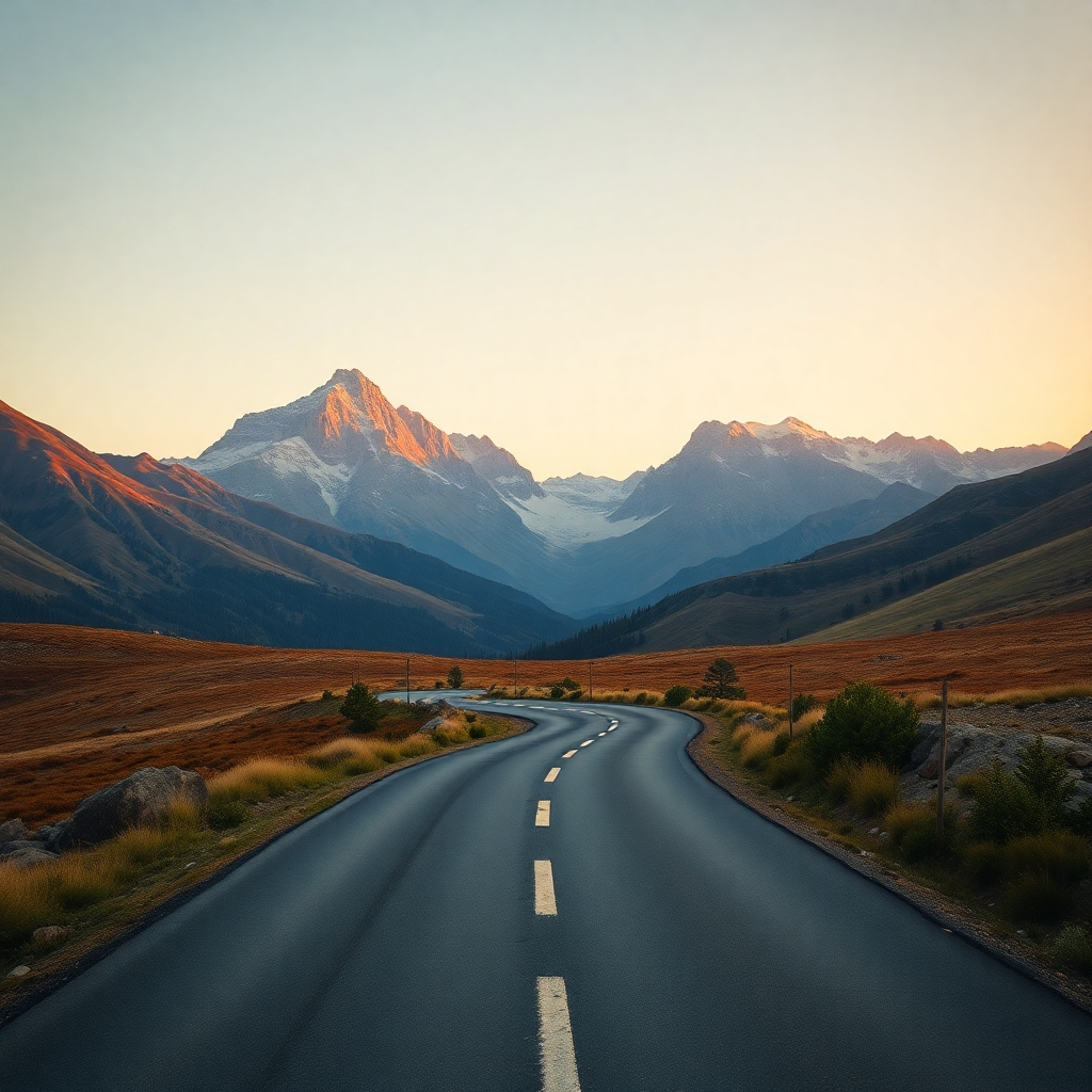 A photorealistic image showcasing the rule of thirds in a landscape photograph. A winding road leading to a majestic mountain range should be the focal point, positioned along the intersecting lines of the rule of thirds. Use vibrant colors, sharp details, and a wide-angle perspective, emphasizing depth and dimension.  The overall image should have a sense of balance and visual harmony. High detail, cinematic lighting, 8k resolution