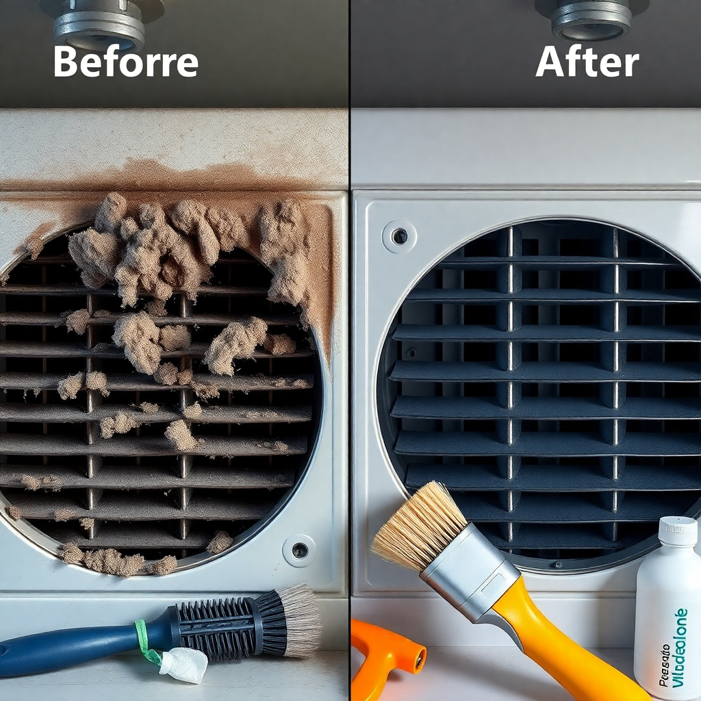 A photorealistic image showcasing the before-and-after cleaning of HVAC coils. One side should show dirty, dust-laden coils, and the other side should show clean, shiny coils. The image should clearly demonstrate the improvement in cleanliness and airflow.  Include tools commonly used for coil cleaning, such as brushes and cleaning solutions.