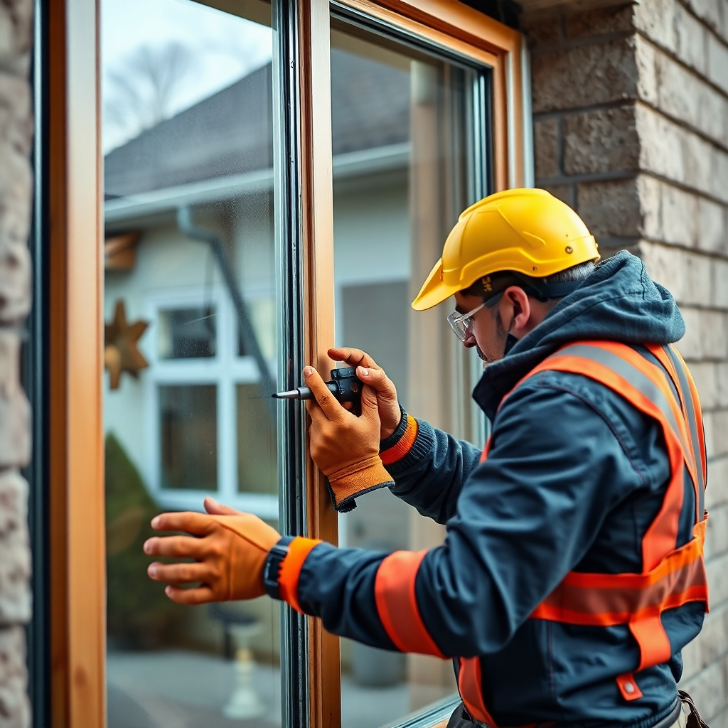 A photorealistic image showcasing a professional glazier carefully installing a large window pane into a window frame. The image should focus on the detailed process, highlighting the use of specialized tools and the careful application of sealant.  The installer should be wearing appropriate safety gear. The background should be a residential setting, showing a beautifully finished window installation.