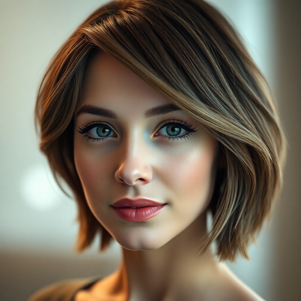 A photorealistic image showcasing a close-up of a woman's trendy, asymmetrical bob haircut. The hair is styled with subtle waves, showing off the precision of the cut. The background should be blurred, focusing the viewer's attention on the stylish haircut. The lighting is soft and flattering, showcasing the texture and shine of the hair.