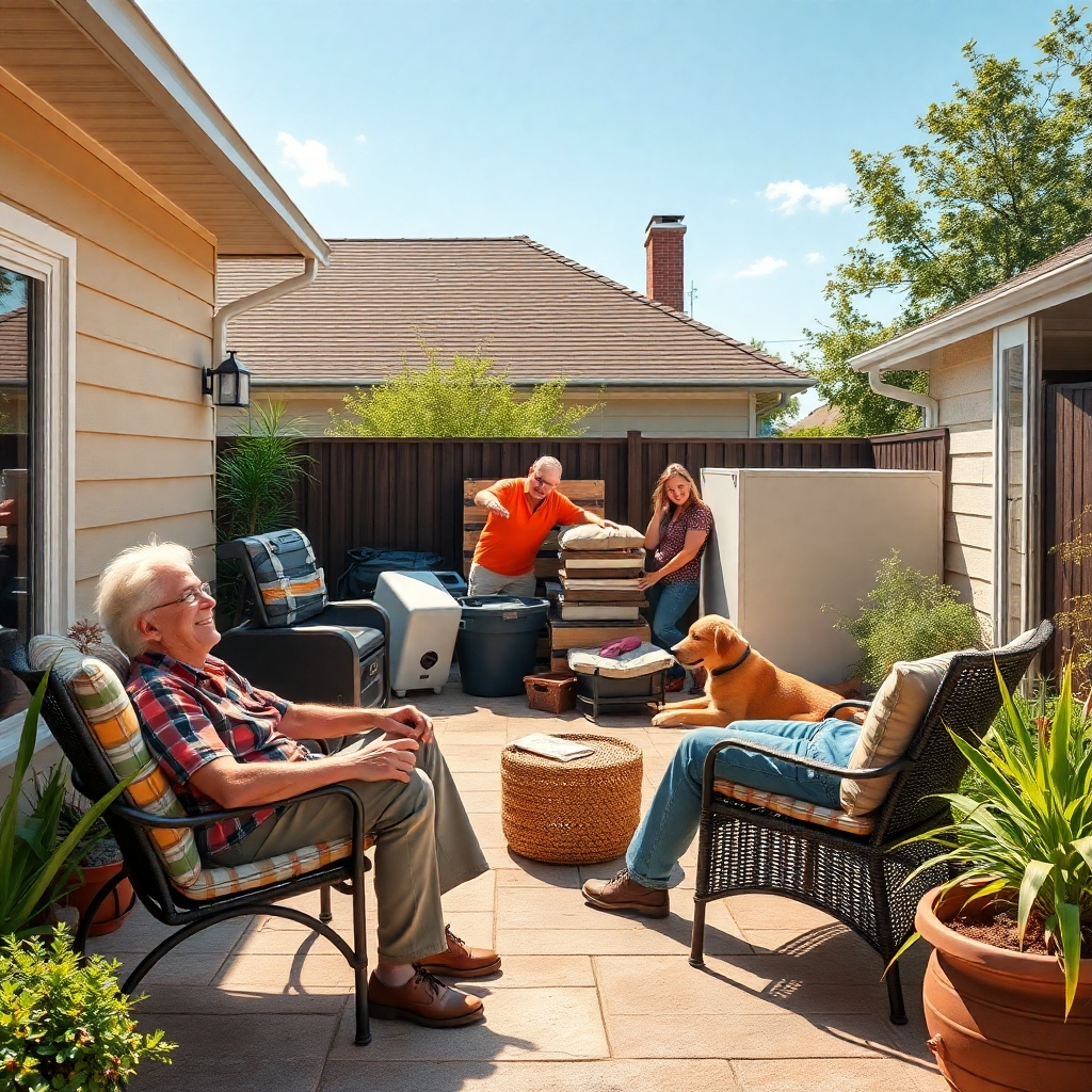 A photorealistic image showcasing a smiling homeowner relaxing on their patio while a team of friendly junk removal professionals efficiently clears away unwanted items from their backyard.  The image should convey a sense of ease and stress relief.  Bright, sunny weather should set a positive mood.