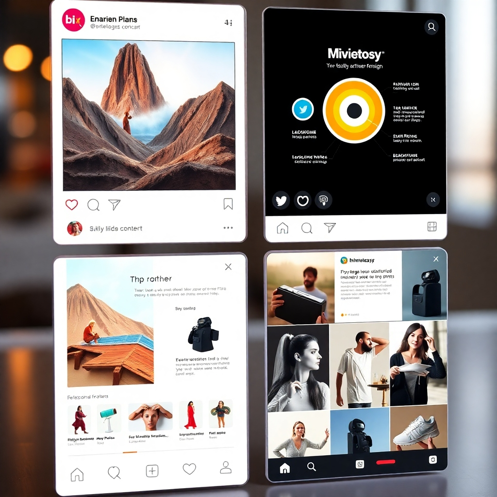 A photorealistic image showcasing a variety of high-quality social media posts: a captivating video ad, an engaging infographic, a beautifully-designed carousel post, and a series of professional product photos.  The image should emphasize the visual appeal and professionalism of the content, suggesting a sophisticated and polished brand image.