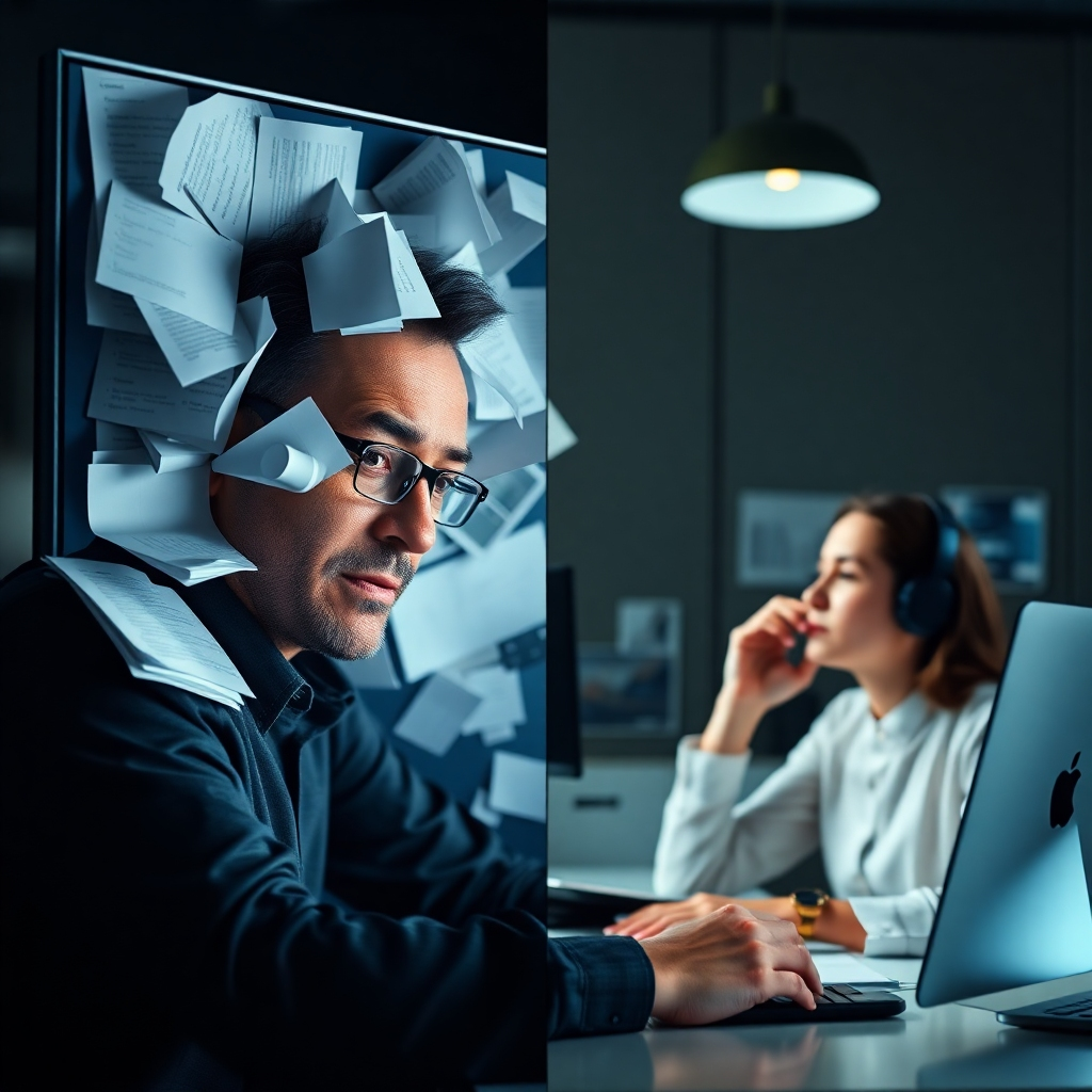 A photorealistic image showcasing a split-screen: one side shows a person overwhelmed with paperwork and to-do lists, stressed and frustrated; the other side shows the same person relaxed and focused, working productively, with a virtual assistant's interface subtly displayed in the background, showing tasks being managed.