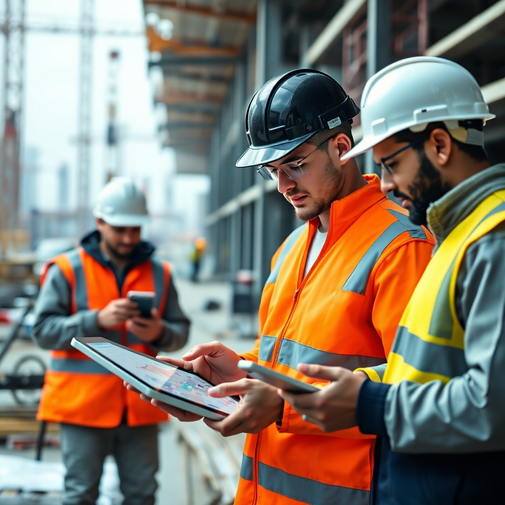 A photorealistic image showcasing a construction site where workers are using tablets and other technological devices to access project plans, communicate updates, and monitor progress. The image should highlight the seamless integration of technology into the workflow, improving efficiency and coordination.  The background should be a busy construction site, but the focus should be on the workers and their use of technology.