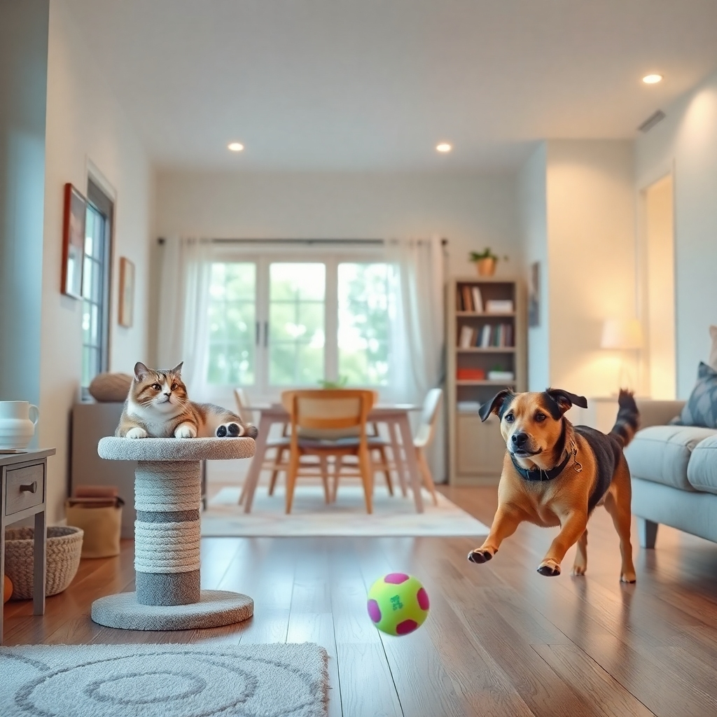 A photorealistic image showcasing a spacious, clean, and playful pet-friendly home environment. A cat is seen lounging comfortably on a cat tree, while a dog is playfully fetching a ball.  The scene conveys a sense of security and comfort.