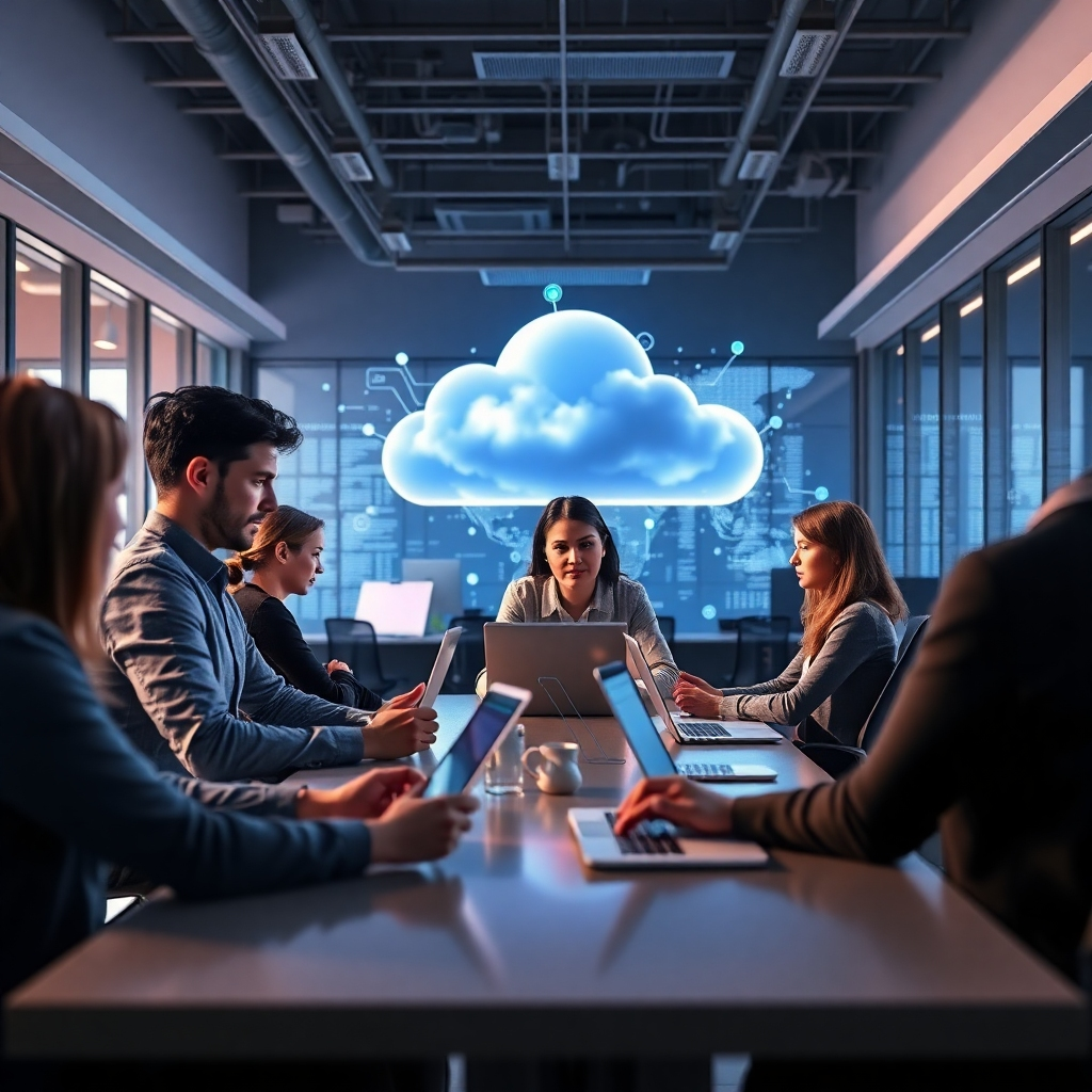 A photorealistic image showcasing a modern, bright office space where employees are seamlessly using cloud-based applications and collaborating effectively.  The background should subtly feature a visual representation of a cloud computing infrastructure, showing data flowing and being processed in a secure and efficient manner. The scene should emphasize productivity, collaboration, and the benefits of cloud computing.