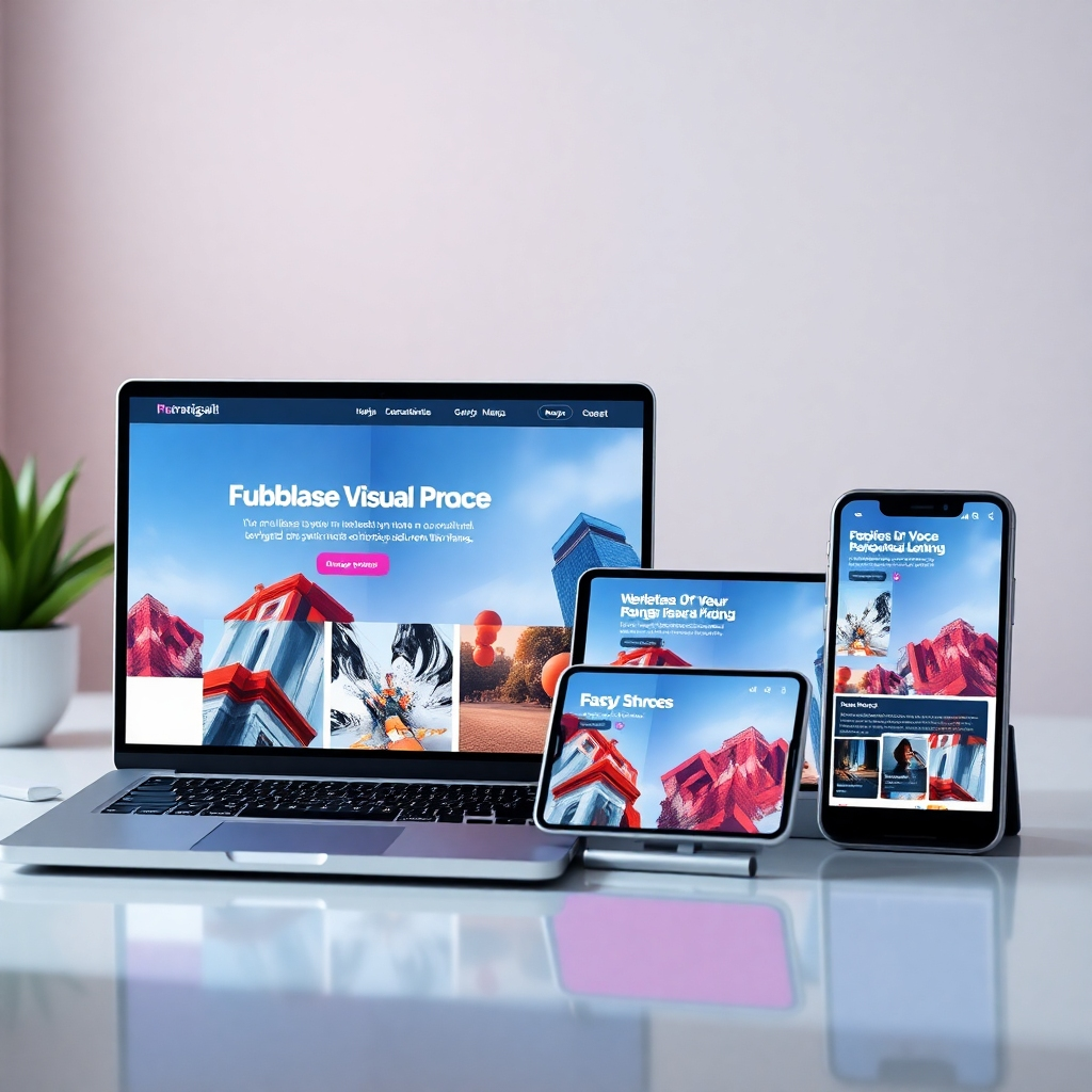 A photorealistic image showcasing a website with a stunning visual design. The image should feature vibrant colors, high-quality imagery, and a consistent design language. The website should be displayed on various devices (laptop, tablet, smartphone) to highlight its responsiveness. The overall style should evoke feelings of sophistication and modernity.