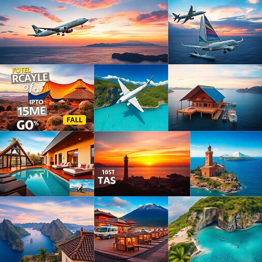 A photorealistic image showcasing a collage of various travel deals and offers, such as discounted flights, luxurious hotels, and exciting activities, presented in an appealing and organized manner.
