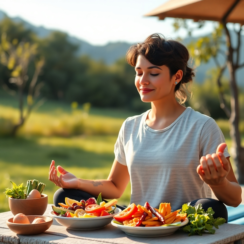 A photorealistic image showcasing a balanced lifestyle: a person eating a healthy meal, meditating peacefully, and exercising outdoors in nature. The image should convey a sense of calm, balance, and vitality. High-resolution image with a focus on natural lighting and healthy, vibrant colors. Show diverse healthy meals and an active outdoor exercise scene