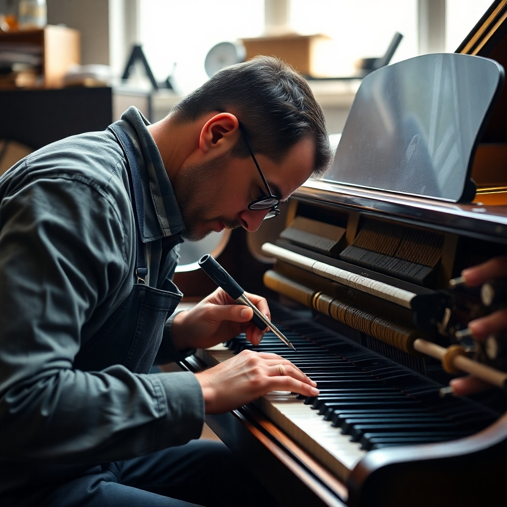 A photorealistic image showcasing a piano technician expertly repairing the action of a piano. The image should highlight intricate details of the hammers, dampers, and other action parts, with tools clearly visible. Soft, natural lighting, high definition, 8k resolution