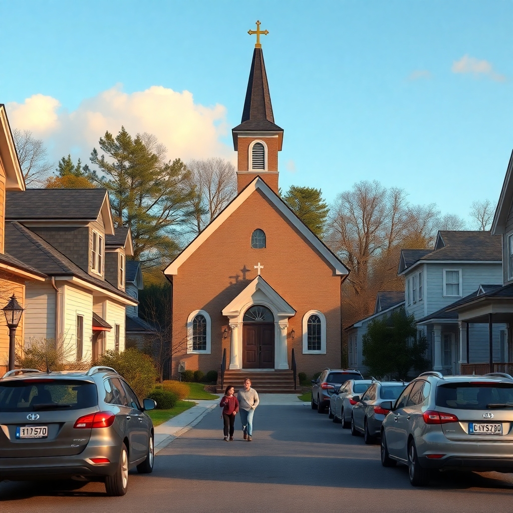 A photorealistic image showcasing a charming church nestled within a residential neighborhood.  The image should depict families walking towards the church, and show cars parked neatly nearby, illustrating easy accessibility.  The style of the church could be traditional or modern. High resolution, detailed textures, warm and inviting lighting
