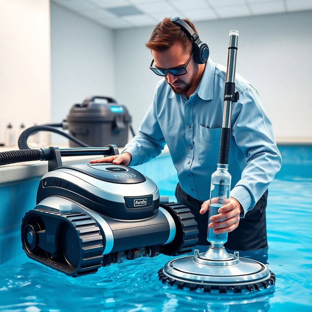 A photorealistic image showcasing a professional pool cleaner using various specialized equipment such as a robotic pool cleaner, a powerful vacuum, and water testing kits. The image should highlight the advanced technology and precision involved in professional pool cleaning.
