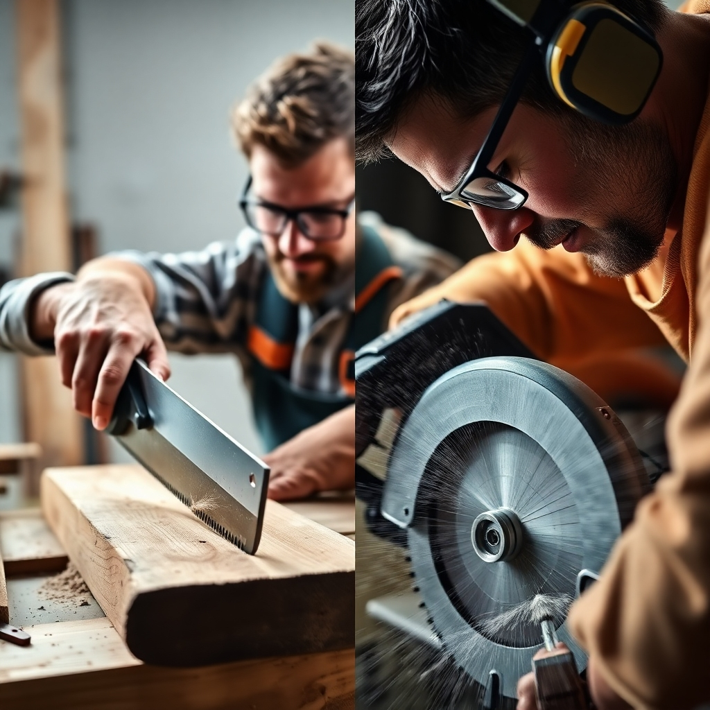 A photorealistic image showcasing safe sawing techniques. A carpenter wearing safety glasses is carefully using a hand saw to make a precise cut in a piece of wood.  Another image shows a carpenter using a circular saw with a safety guard engaged, making a clean cut, with sawdust flying. Both images should emphasize safety and precision.