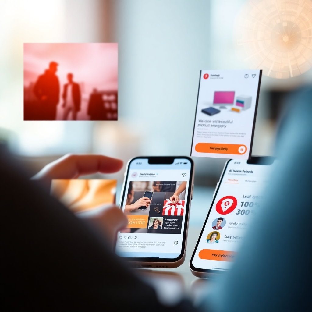 A photorealistic image showcasing a variety of engaging social media content. This should include a short, high-quality video with upbeat music; a carousel post with beautiful product photography; an aesthetically pleasing infographic; and a lively interactive poll or quiz. The overall style should be modern, visually appealing, and consistent with a cohesive brand identity. The background should be subtly blurred to keep the focus on the content.